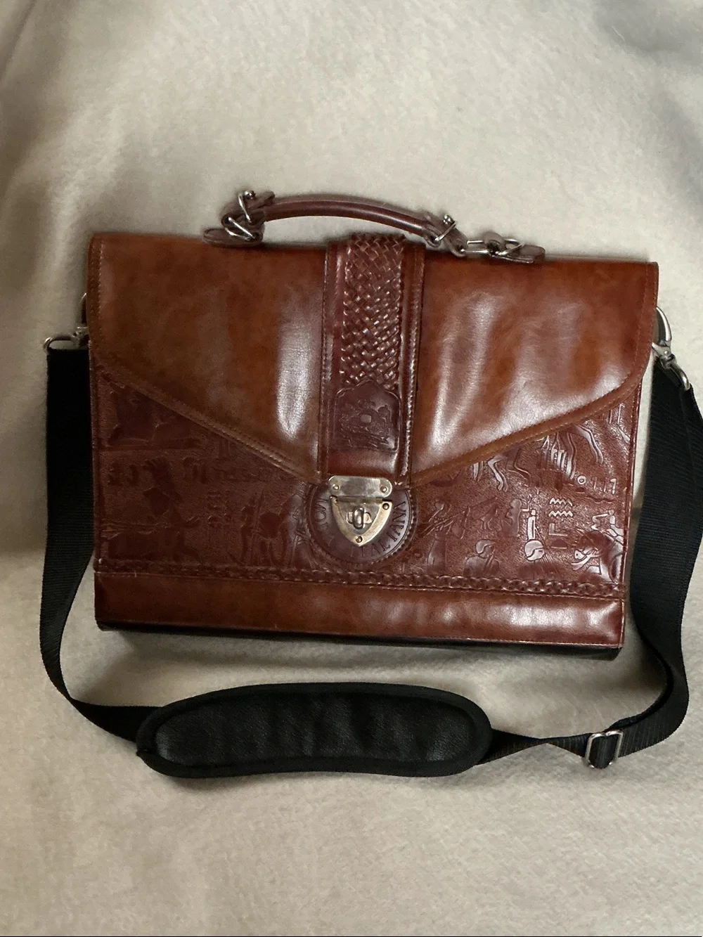 Women's Tan Leather Laptop Briefcase with Embossed Front and Shoulder Strap